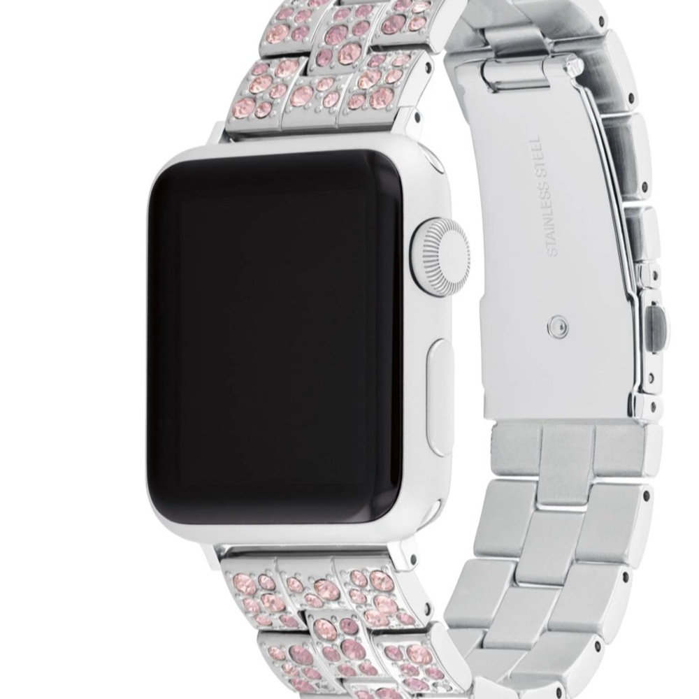 Coach Silver Stainless Steel Smartwatch Band with Pink Crystals